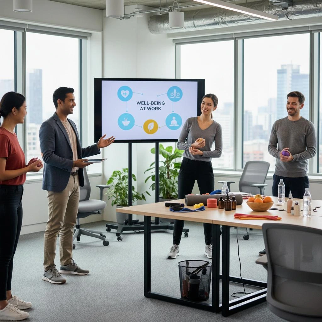 Palestrante facilitando dinâmica de grupo sobre bem-estar e inteligência emocional no trabalho