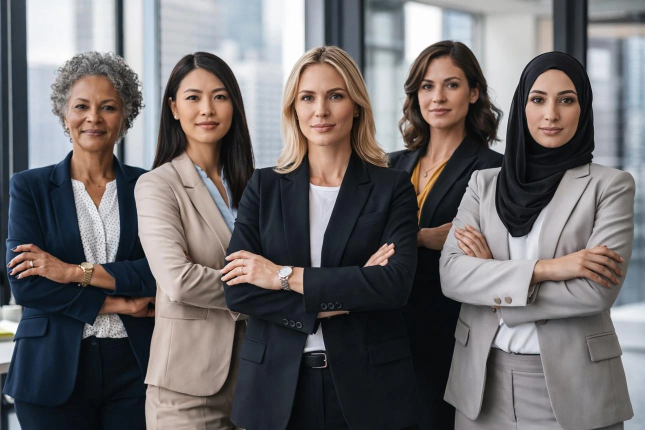 Grupo de mulheres líderes posando juntas com confiança, representando o protagonismo feminino.