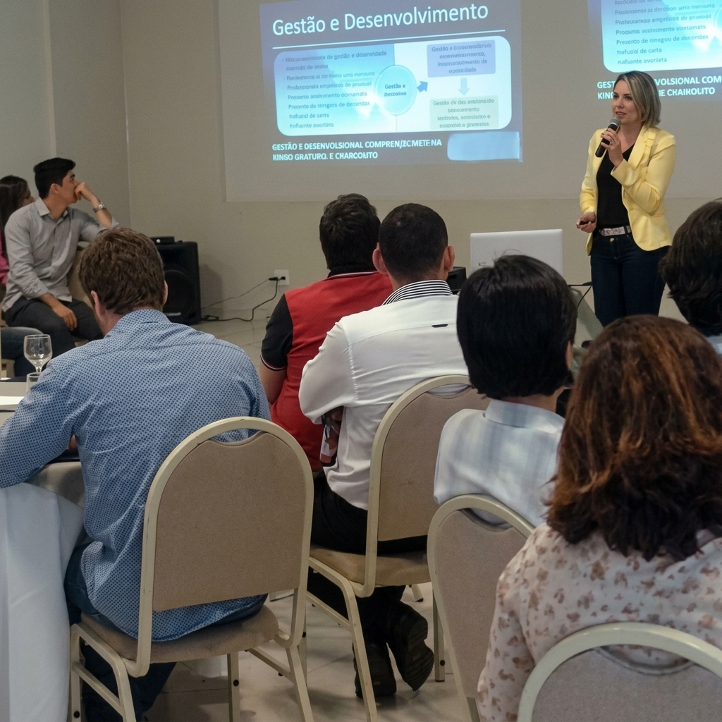 Patrícia Gonçalves apresentando gestão e desenvolvimento para a audiência