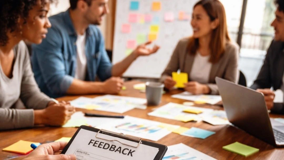 Equipe de trabalho reunida ao redor de uma mesa de reuniões analisando post-its e feedbacks